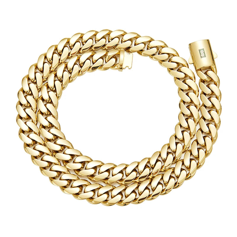 6-14mm Gold Color Stainless Steel Cuban Miami Link Chains Necklaces for Men Hip Hop Rapper Jewelry
