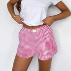 Youthful Summer Women's Casual Plaid Shorts Teenage Girls Elastic Waistband Lace-Up Classic Versatile Fashionable Summer Shorts