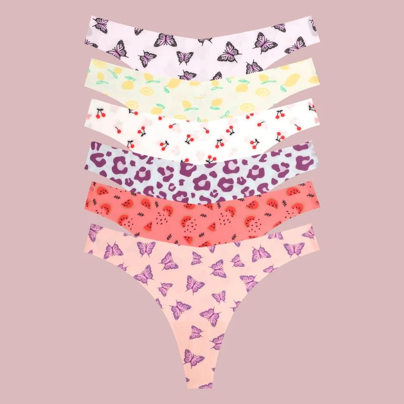 FINETOO 6Pcs Ultra-thin Soft Underwear Women's Graphic Print Panties Seamless Stretch Thongs Female Leopard Lingerie G Strings