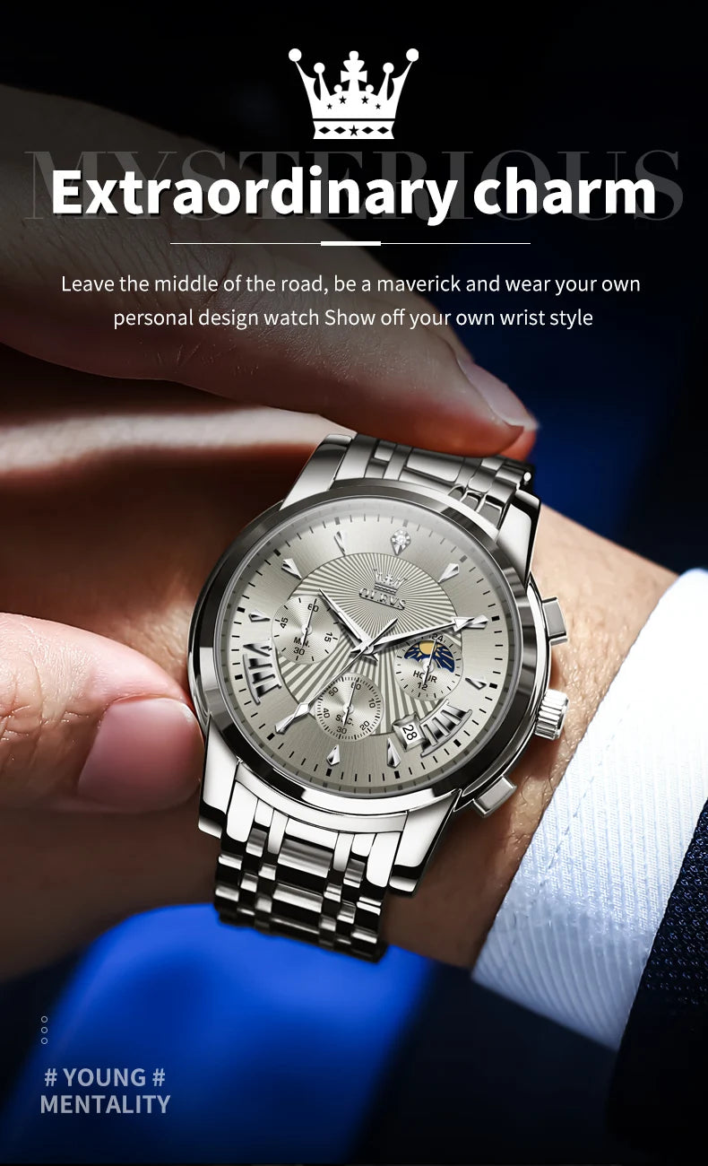 OLEVS 2892 Men Watch Original Quartz Watch Luxury Waterproof Luminous Calendar Moon Phase Chronograph Business Sports Men Watch