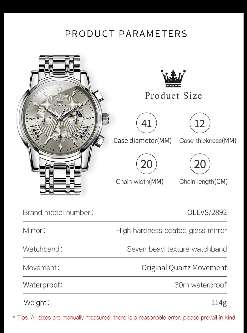 OLEVS 2892 Men Watch Original Quartz Watch Luxury Waterproof Luminous Calendar Moon Phase Chronograph Business Sports Men Watch