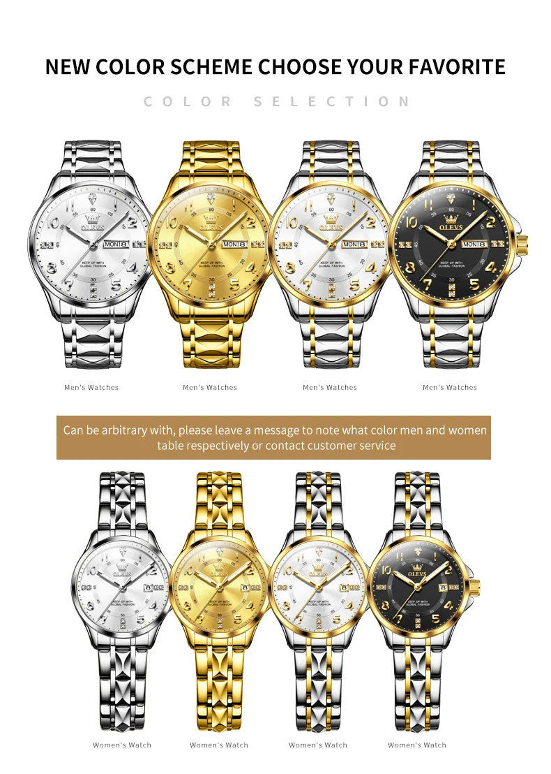 OLEVS Luxury Brand Couple Watch Classics Dual Calendar Wristwatch for Men and Women Waterproof Lover's Watch Set Gift Box