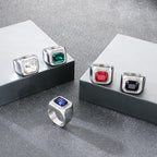 KALEN Trendy Stainless Steel Larger Men's Finger Ring Square Cut  Zircon Stone Cocktail Rings Hip Hop Business Fashion Jewelry