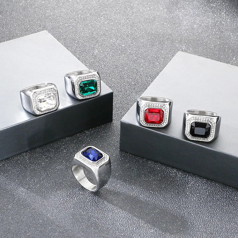 KALEN Trendy Stainless Steel Larger Men's Finger Ring Square Cut  Zircon Stone Cocktail Rings Hip Hop Business Fashion Jewelry