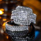 Jianjie 2pcs/set Light Luxury Couple's Full Paved Brilliant Square Zircon Shining Rings Wedding Dazzling Accessories Trend