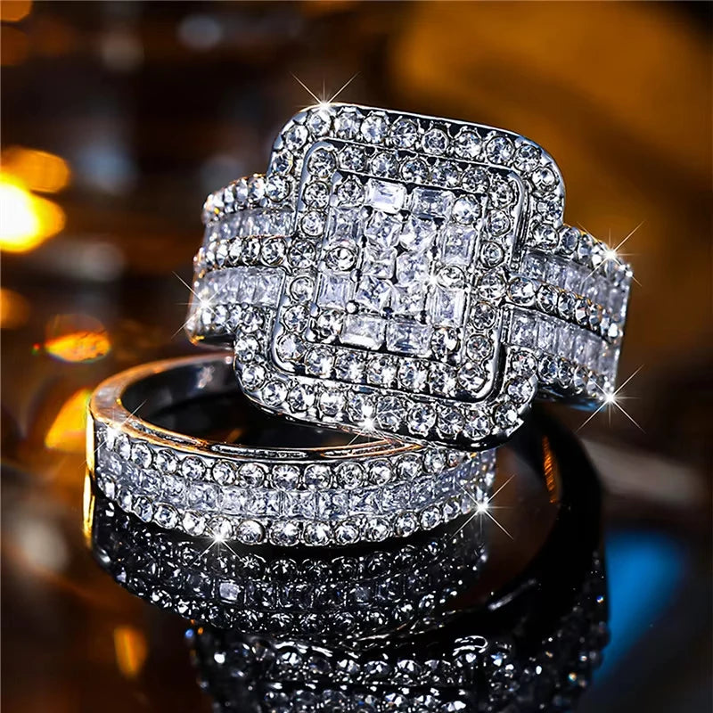 Jianjie 2pcs/set Light Luxury Couple's Full Paved Brilliant Square Zircon Shining Rings Wedding Dazzling Accessories Trend