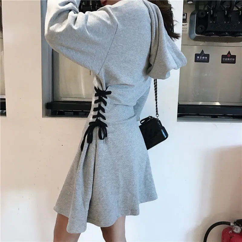 Streetwear Mini Dress Spring Autumn Korean High Waist Lace Up Slim Vestidos Women Harajuku Hooded Bandage A Line Dresses