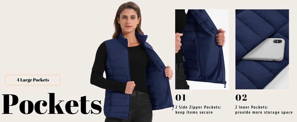 TACVASEN Puffer Padded Stand Collar Zip-up Vests Womens Warm Sleeveless Outdoor Waistcoats Quilted Lightweight Outwear Jackets