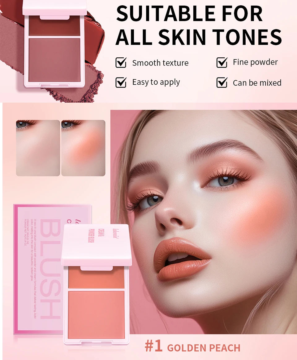 2IN1 Pink Blush Matte Dewy Rosy Blush With Brush Makeup Pan Long Wearing High Pigment Orange Red Cream & Powder Blush Palette