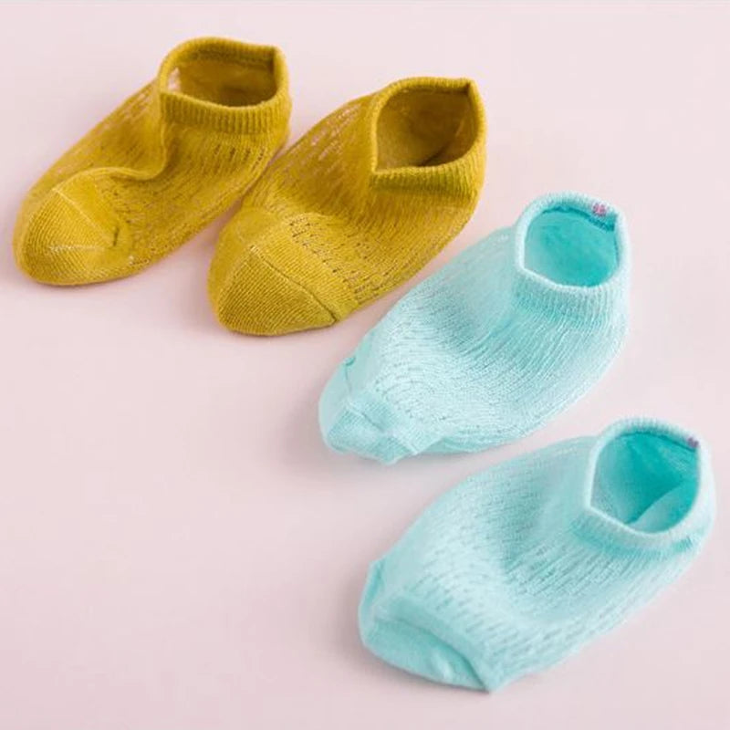 1Pair Summer Baby Short Ankle Socks Mesh Thin Cotton Unisex Solid Color Hollow Toddler Random Color