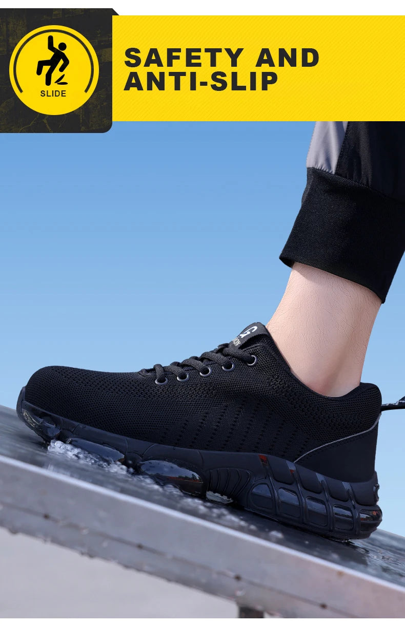 Safety Shoes Men Steel Toe Boots Anti-smash Anti-puncture Safety Work Shoes Men Lightweight Breathable Protective Shoes Black