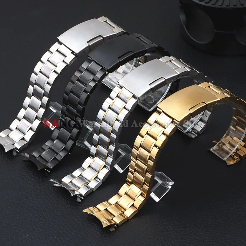 Curved End Watchband Men Women Metal Bracelets 20mm 22mm Stainless Steel Sport Strap Universal Replacement Wristband Accessories