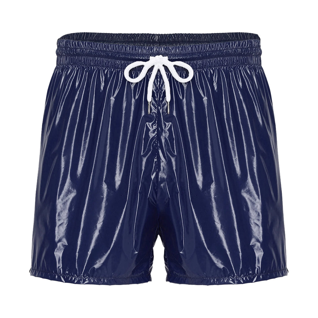 Men's Swimsuit Shiny Boxer Shorts Drawstring Waist Athletic Bottoms Elastic Waistband Built-in Briefs Swimming Trunks Swimwear