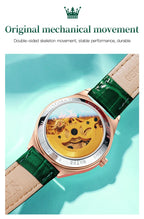 OLEVS 6601 Green Leather Strap Women Watch Automatic Mechanical Movement Waterproof Diamond Fashion Watch