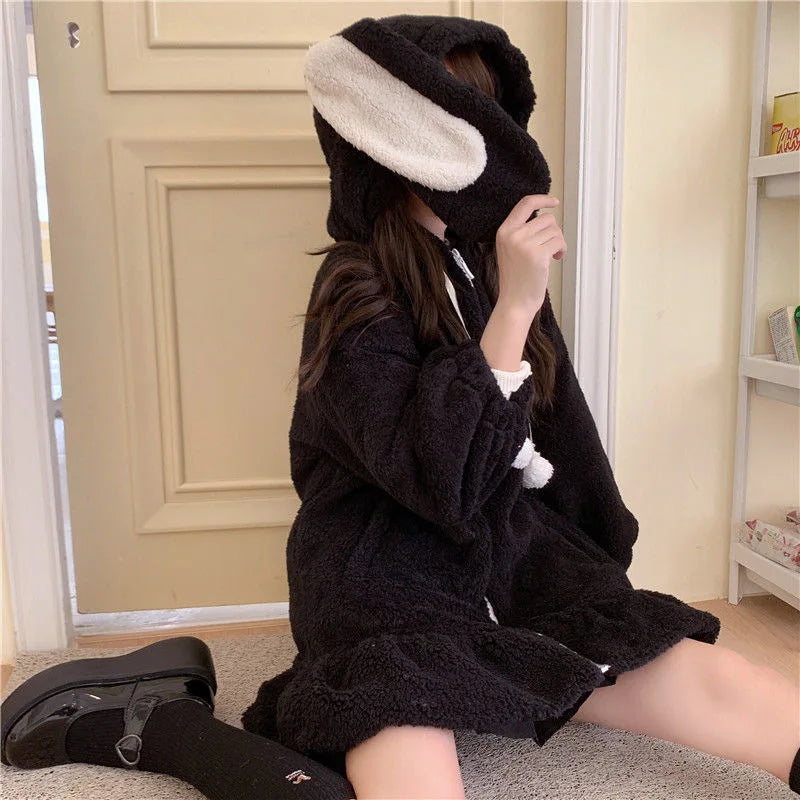 Kawaii Hoodies Women Lolita Winter Warm Lambswool Oversized Sweatshirt Cute Bunny Ears Long Sleeve Zip Up Hooded Fleece Jacket