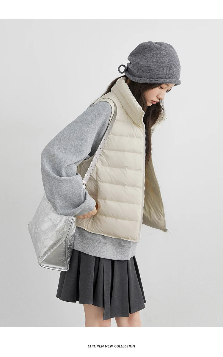CHIC VEN New Women Down Coats Sleeveless Lightweight 90 White Duck Down Stand Up Collar Female Down Vest Autumn Winter 2026