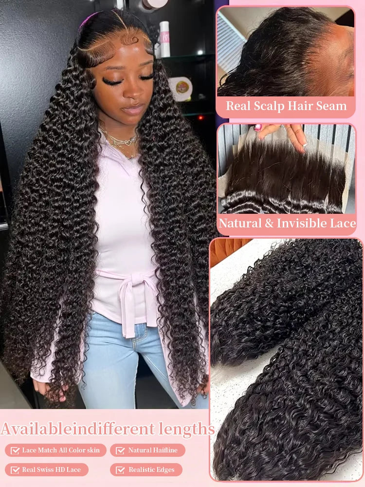 300% High Density Burmese Curly Lace Front Human Hair Wigs HD Transparent 13x6 13x4 Deep Wave Lace Frontal Wig Real Virgin Hair 40 46 Inch Water Wave Human Hair Wigs For Women Preplucked Hairline