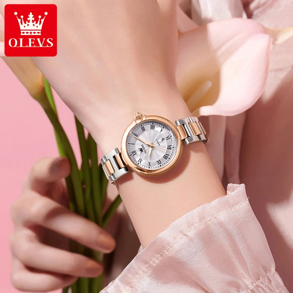 OLEVS 5608 Retro Style Quartz Watch for Women Elegant Steel Strap Auto Date Waterproof Luminous Luxury Ladies Wristwatch