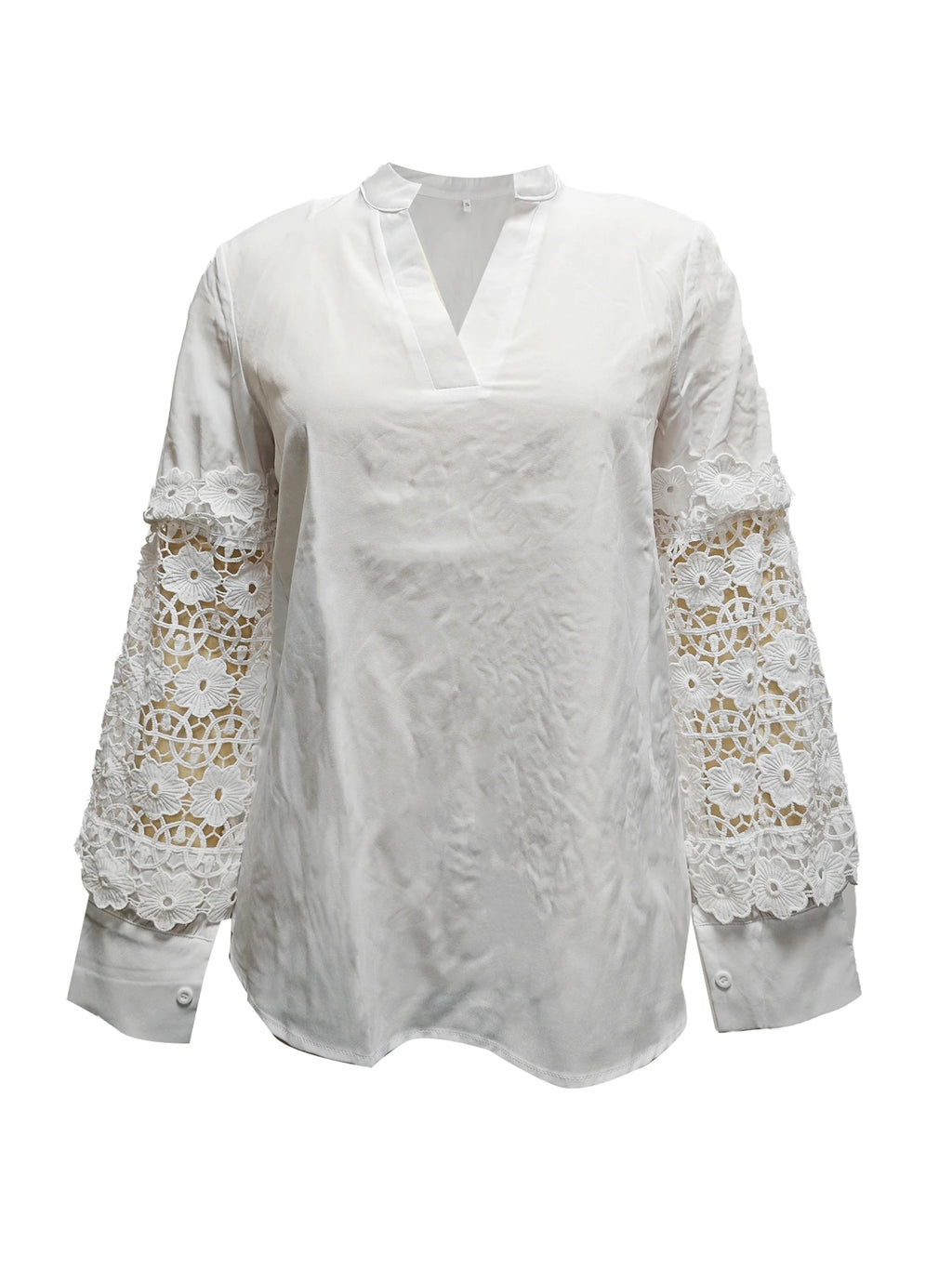 Women's V Neck Blouse with Sheer Floral Lace Long Sleeves and Solid Body for Elegant Office or Evening Wear