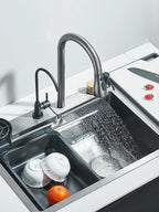 304 Stainless Steel Waterfall Kitchen Sink Large Single Slot Integrated Faucet Set Soap Dispenser/Pure Water/Cup Washer