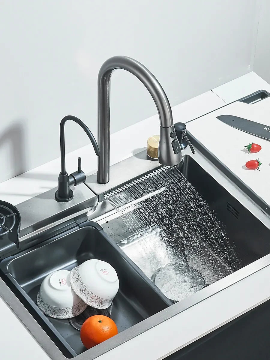 304 Stainless Steel Waterfall Kitchen Sink Large Single Slot Integrated Faucet Set Soap Dispenser/Pure Water/Cup Washer