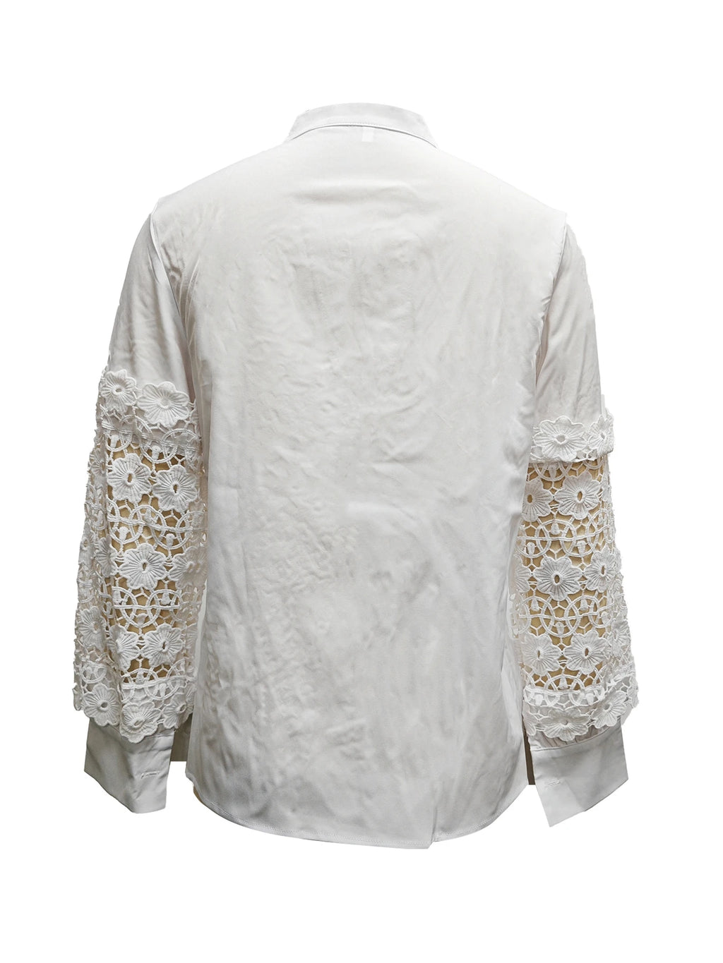Women's V Neck Blouse with Sheer Floral Lace Long Sleeves and Solid Body for Elegant Office or Evening Wear