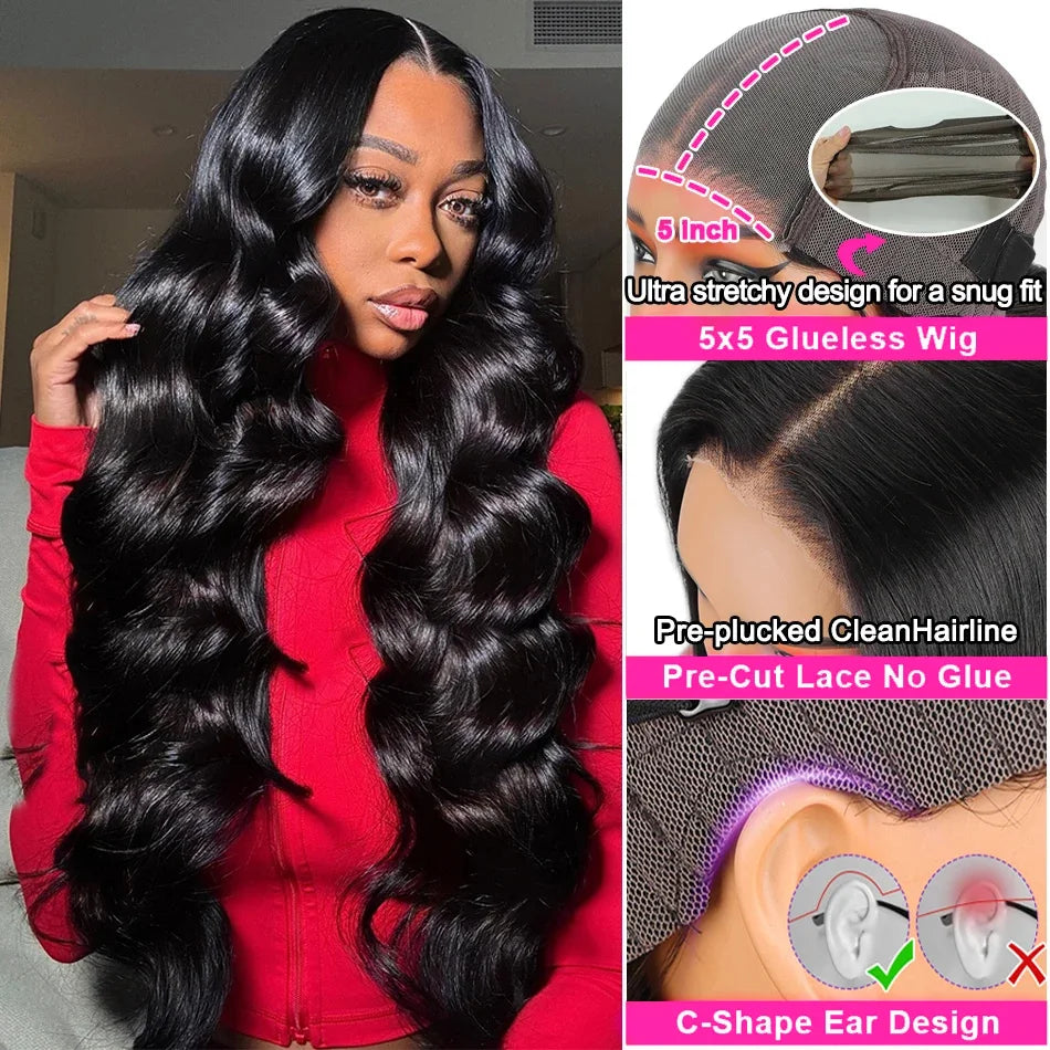 250 Density 100% Human Hair Body Wave 5x5 Glueless Lace Frontal Wigs 13x6 HD Lace Front Wig 40 Inch 13x4 Brazilian Black Clourse