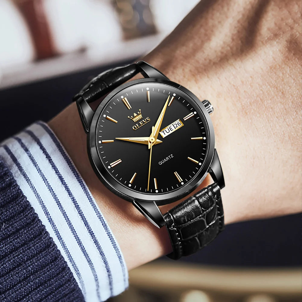 OLVES 6898 Top Brand Men's Watches Original Simple Quartz Wristwatch for Man Waterproof Leather Strap Business Watch Casual