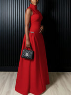 Women High Neck Sleeveless Fitted Floor Length Maxi Dress With Side Flared Detail For Formal Gala Wedding And Evening Party Occasion