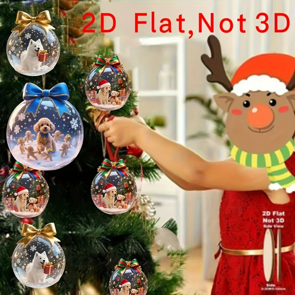8Piece Set of Holiday Christmas Cute Dog 2D Wooden Pendant Ball Decoration for Home Window Office Classroom Yard and Party Decor