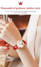 OLEVS Fashion Women Mechanical Watches Bracelets and Necklaces Set Leather Strap Luxury Hollow Ladies WristWatches Reloj Mujer