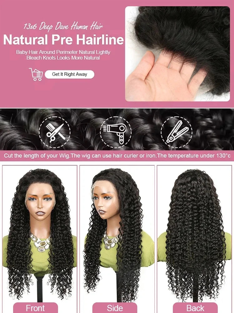 13x6 Hd Transparent Deep Wave Lace Front Wig Human Hair 250 Density Curly 40 44 Inch Pre Plucked Brazilian Hair For Black Women