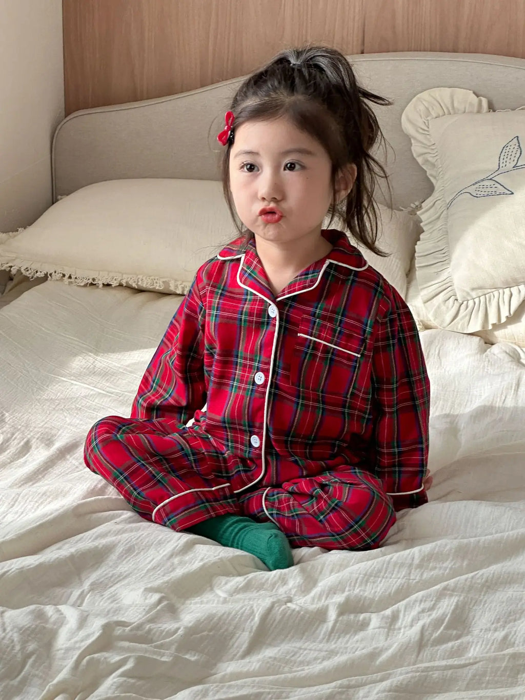 Merry Christmas Kids Pure Cotton Pajamas Set Plaid Print Turn-down Collar Button Shirt Trousers 2 Pieces Suit Homewear Xmas Look