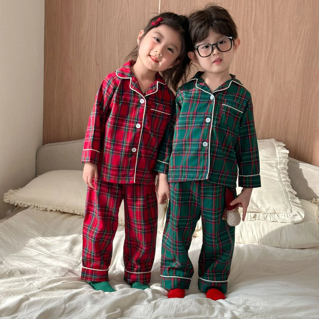 Merry Christmas Kids Pure Cotton Pajamas Set Plaid Print Turn-down Collar Button Shirt Trousers 2 Pieces Suit Homewear Xmas Look