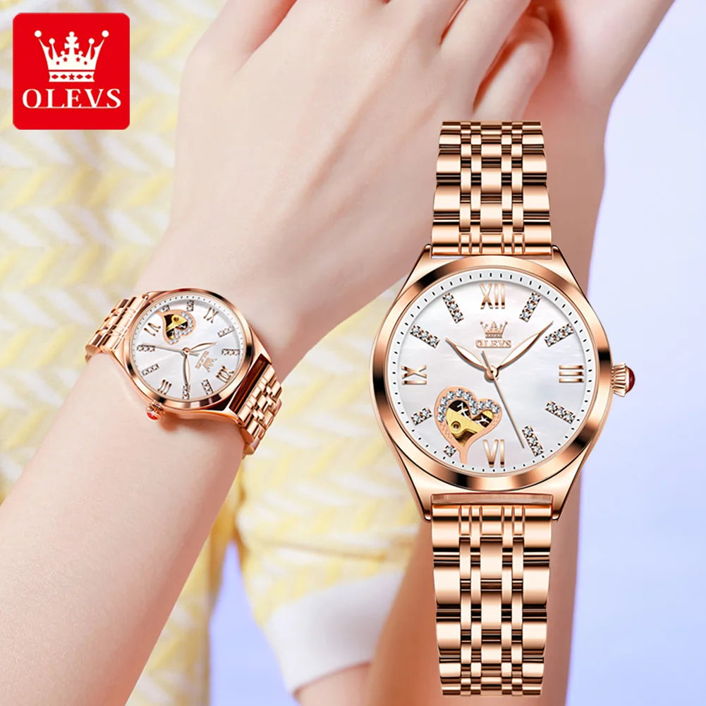 OLEVS Brand 2024 New Fashion Hollow Mechanical Watch for Women Luxury Stainless Steel Strap Waterproof Luminous Womens Watches