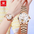 OLEVS Brand 2024 New Fashion Hollow Mechanical Watch for Women Luxury Stainless Steel Strap Waterproof Luminous Womens Watches