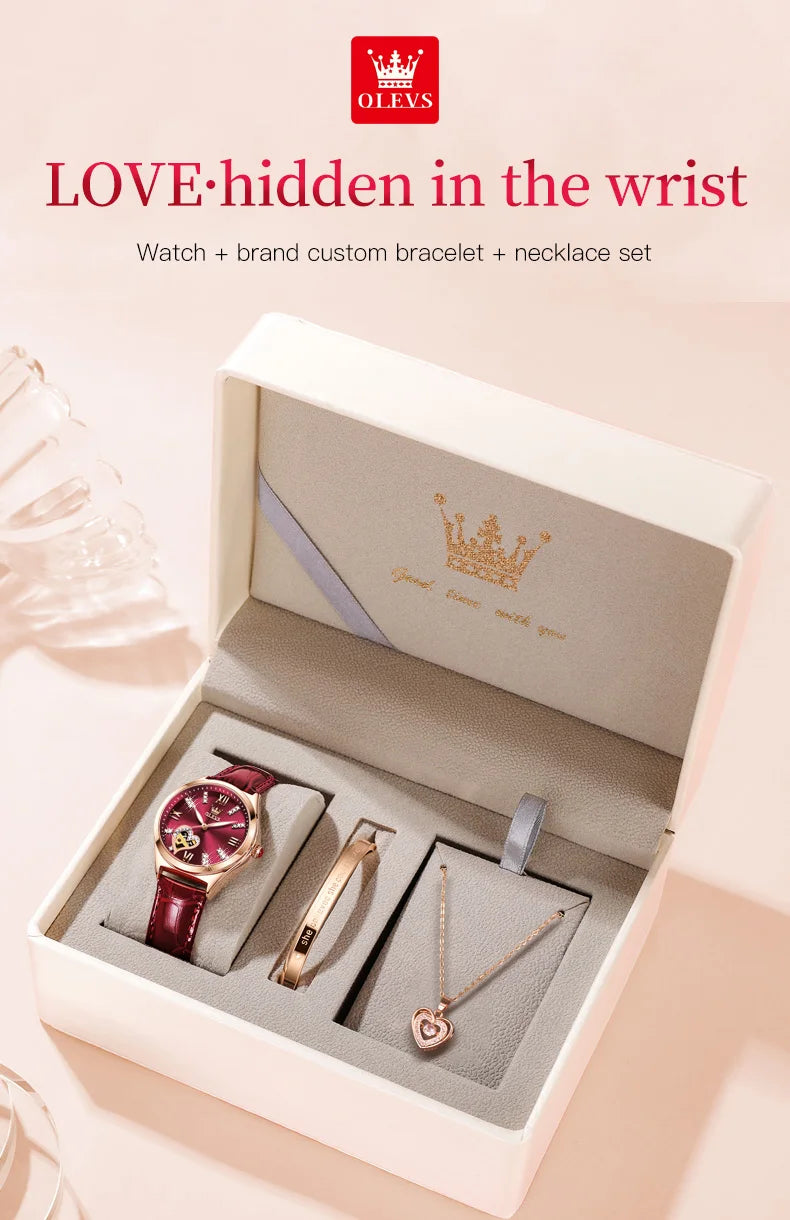 OLEVS 6636 Luxury Women Watch Fully Automatic Hollow Design Diamond Heart Shaped Watch Elegant Mechanical Women Bracelet Watch