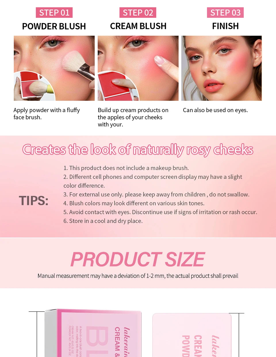 2IN1 Pink Blush Matte Dewy Rosy Blush With Brush Makeup Pan Long Wearing High Pigment Orange Red Cream & Powder Blush Palette
