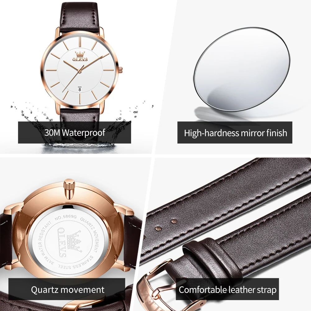 OLEVS 5869 Men's Watches Leather Strap Waterproof Auto Date Man Watch Fashion Simplicity Ultra Thin Quartz Wrist Watch for Men