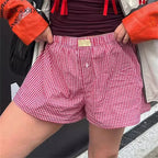 Women's shorts, teenage girls' elastic waistband, checkered shorts, casual summer shorts, comfortable high waisted loose shorts