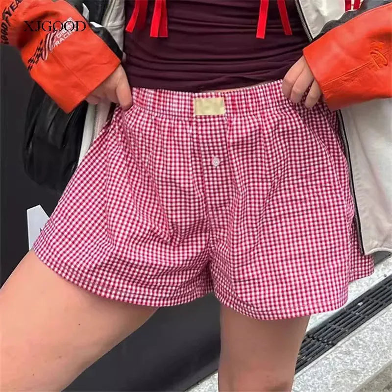 Women's shorts, teenage girls' elastic waistband, checkered shorts, casual summer shorts, comfortable high waisted loose shorts