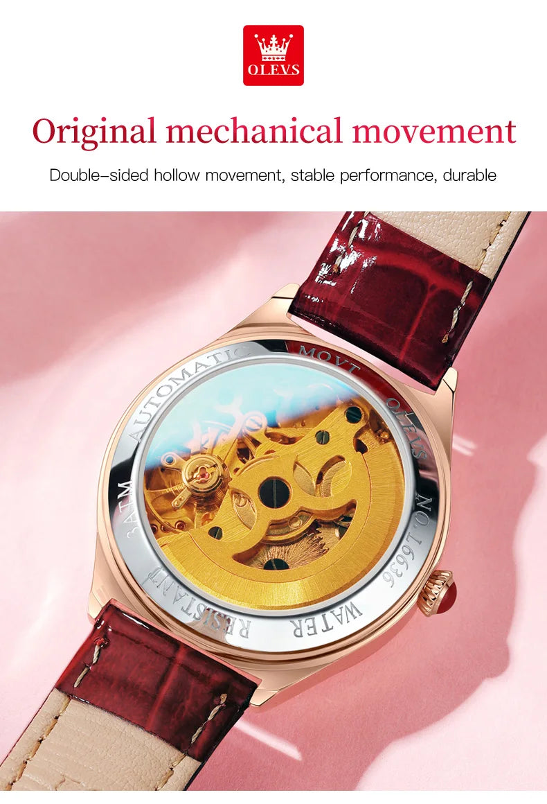 OLEVS 6636 Luxury Women Watch Fully Automatic Hollow Design Diamond Heart Shaped Watch Elegant Mechanical Women Bracelet Watch