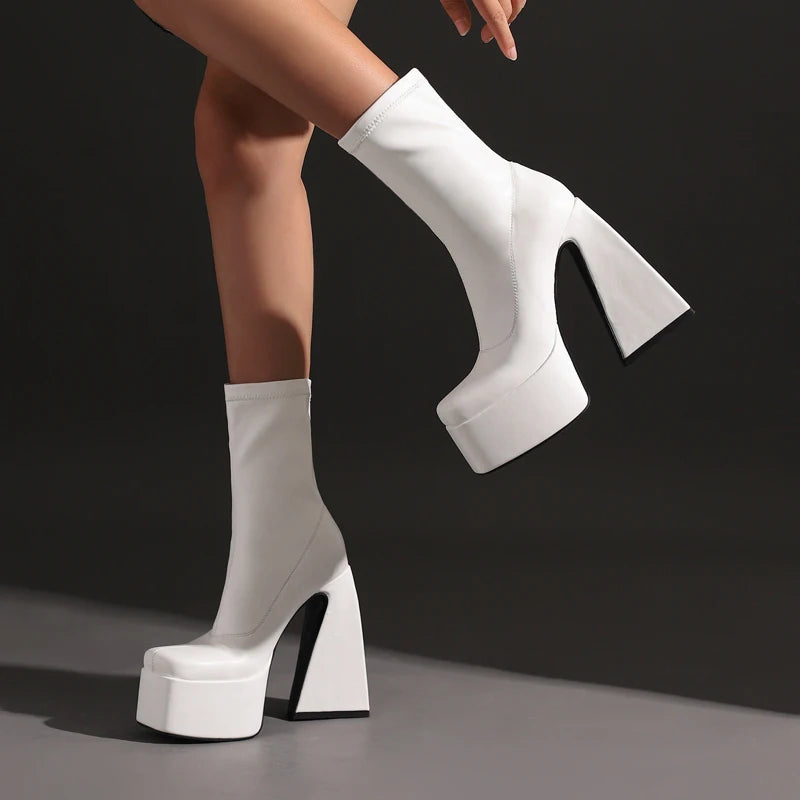 Stretch Punk Style Gothic Chunky Platform Ankle Boots For Women Autumn Winter Shoes Ladies Strange High Heels Boots Booties