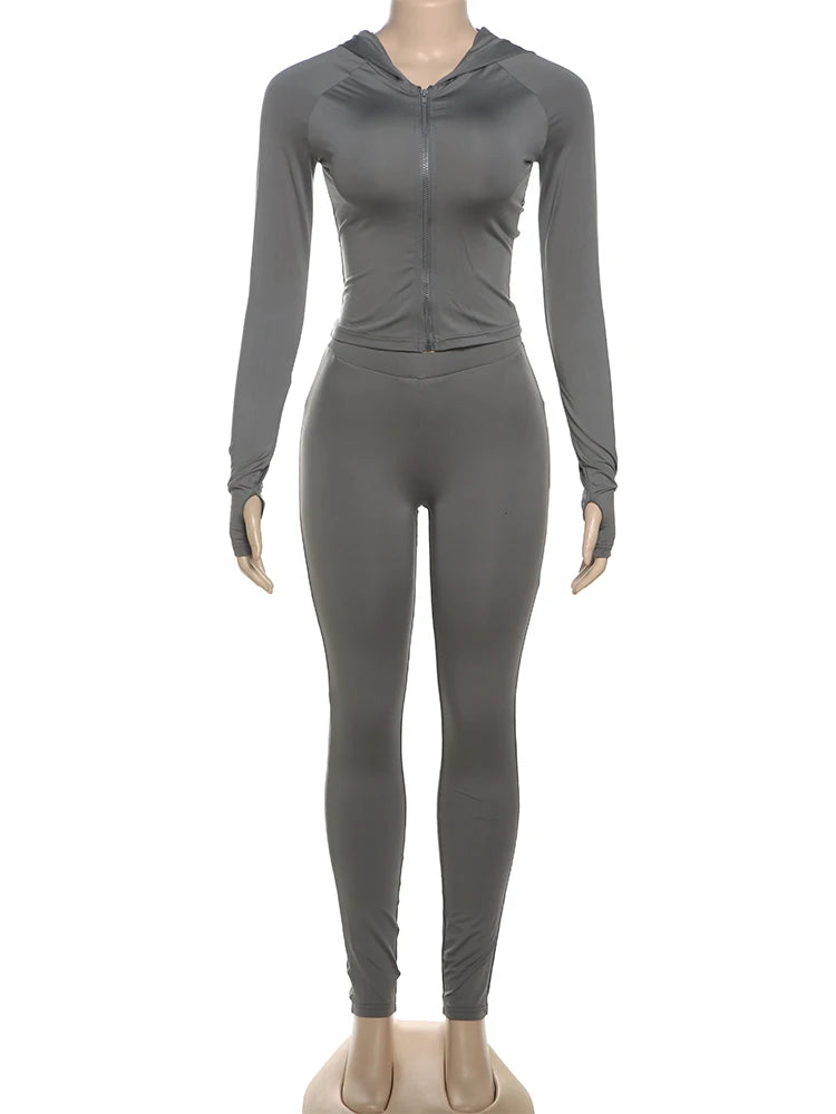 kliou Casual Women 2 Piece Set Classic Tracksuits Solid Long Sleeve Zip-up Hood Tops+Slim Elastic Pants Sporty Concise Outfits