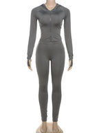 kliou Casual Women 2 Piece Set Classic Tracksuits Solid Long Sleeve Zip-up Hood Tops+Slim Elastic Pants Sporty Concise Outfits