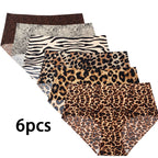 6pcs Women's Seamless Ice Silk Panties Female Mid Waist Plus Size Leopard Print Underwear Girls Fashion Brief Lady Comfort Panty
