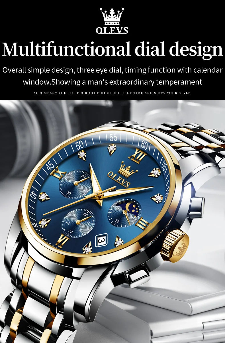 OLEVS 2858 Men's Watches Stainless Steel Waterproof Anti-Scratch Moon Phase Luminous Chronograph Luxury Quartz Men's Wristwatch
