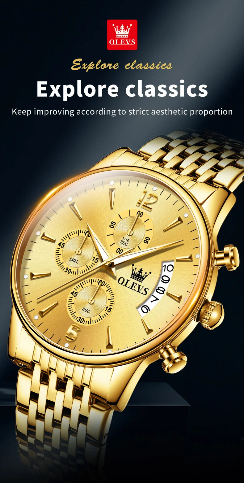OLEVS luxury brand men's watches Chronograph waterproof date Gold luminous quartz watch for man Original wristwatch with the box