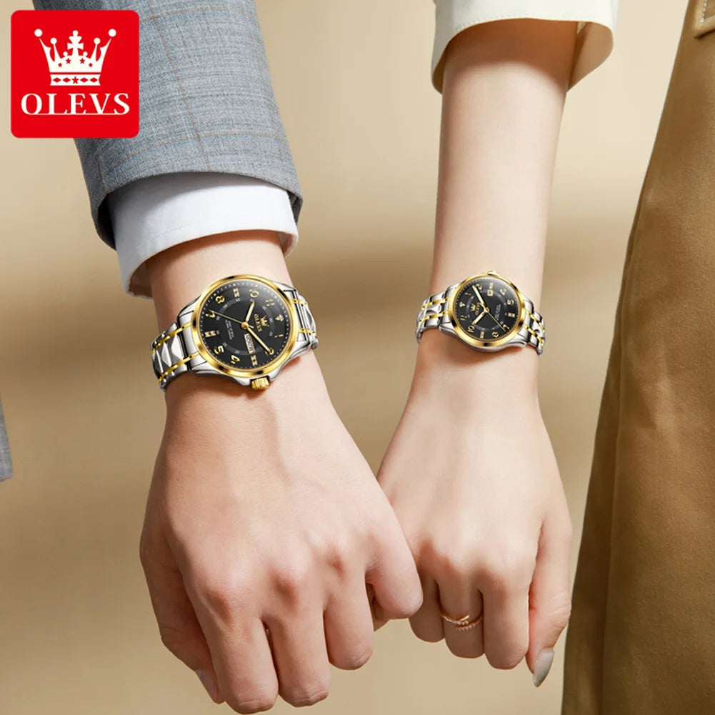 OLEVS Luxury Brand Couple Watch Classics Dual Calendar Wristwatch for Men and Women Waterproof Lover's Watch Set Gift Box