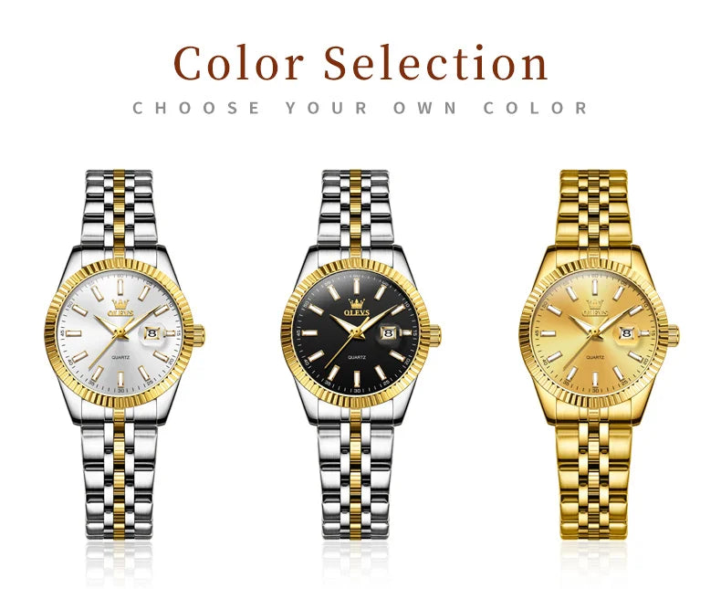 OLEVS 5593 Ladies Watches Original Luxury Quartz Wristwatch Stainless Steel Waterproof Luminous Day Date Watch Bracelet Set ﻿